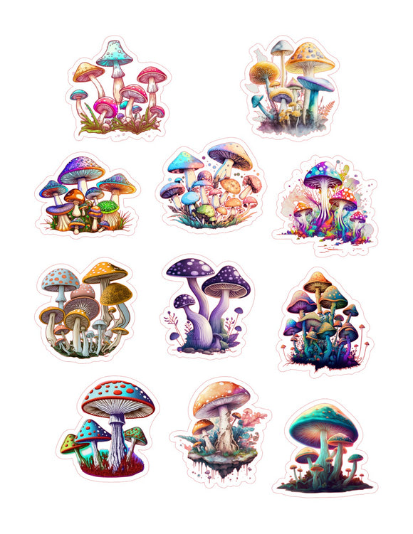 Colourful Mushrooms 11pc Sticker Sheet.