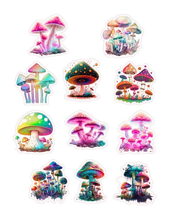 Bright Colourful Mushrooms 11pc Mushrooms Sticker Sheet