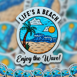 A pile of Life's A Beach stickers. 