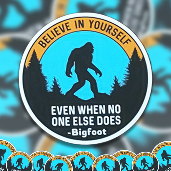 A pile of Believe In Bigfoot stickers. 