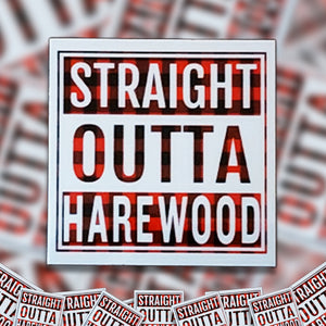 A pile of Straight Outta Harewood stickers. 