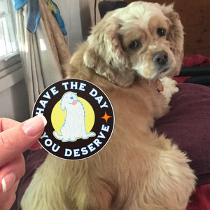 A cute cocker spaniel looking at a Have The Day You Deserve sticker. 