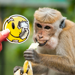 A happy faced monkey eating a banana beside a Happy Face sticker.