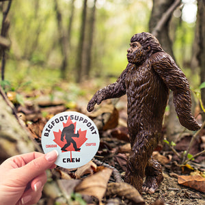 This is a pic of a hand holding a Bigfoot Support Crew Canadian Chapter  sticker in front of Bigfoot himself!