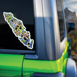 This depicts an Animals of Vancouver Island decal on a green Jeep against a mountian landscape. 